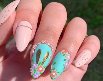 Floral Easter Press on Nails/ Handpainted Easter Nails/ Pastel Press on Nails