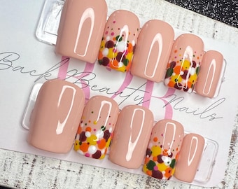 Autumn Confetti Press-On Nail Set | Nude Base | Hand-Painted Abstract Dots in Fall Hues | Gloss Finish | Reusable Handmade Nails