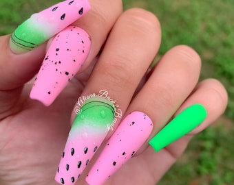 Ombre Watermelon Nails/ Summer Press on Nails/ Handmade Nails