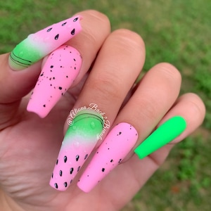 Ombre Watermelon Nails/ Summer Press on Nails/ Handmade Nails Long tapered coffin