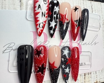 Starburst Pop Press-On Nail Set | Black, Bold Red and Glitter Accents | Hand-Painted Stars & Comic Pop-Art “BANG” Design | Statement Nails