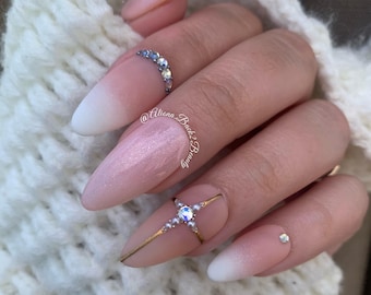 Reusable Elegant White and Nude Nails/ Handmade Wedding Nails with cooper and blue accents/ Fake Elegant Nails/ Cross Easter Nails