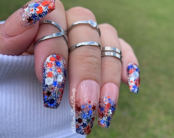 Uñas postizas reutilizables con purpurina para el 4 de julio / Uñas con la bandera de EE. UU. / Uñas postizas reutilizables / Uñas con purpurina / Uñas patrióticas / Uñas postizas rojas, blancas y azules