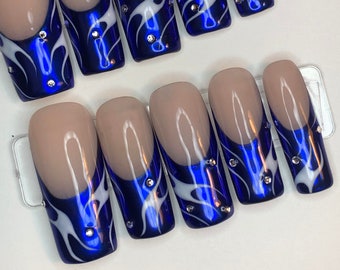 Blue Chrome French Nails with with Abstract White Design and Rhinestone Accents/ Reusable Press on Nails