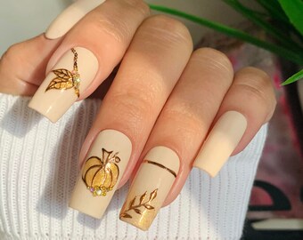 Elegant Fall Design/ Press On Nails with Glossy and Matte Finish/ Handpainted/ Thanksgiving Nails/ Glue On Nails/ Coffin/ Square/ Stiletto