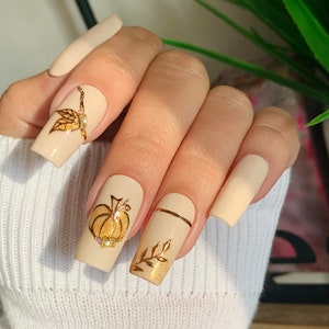 Elegant Fall Design/ Press On Nails with Glossy and Matte Finish/ Handpainted/ Thanksgiving Nails/ Glue On Nails/ Coffin/ Square/ Stiletto image 1