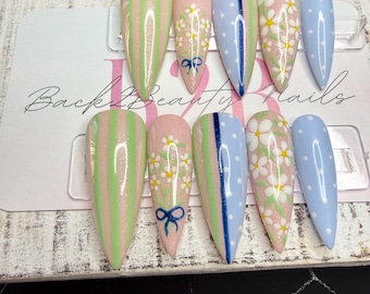 Pastel Picnic Reusable Press Ons | Daisy Stripe Press-On Nails | Hand-Painted Floral Accents, Polka Dots