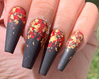 Abstract Black, Red, and Gold Press On Nails/ Handcrafted/ Reusable/ Fake Nails/ Glue On Nails/ False Nails/ Coffin/ Square/ Oval/ Stiletto