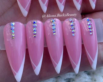 Pink and White Press on Nails/Elegant Press on Nails with Rhinestone Accents/ Handmade French Press on Nails