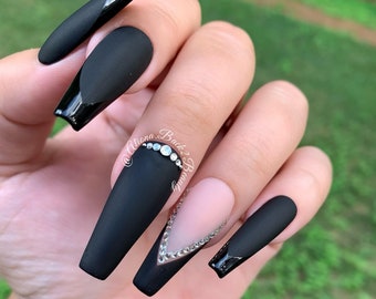 Black on black matte and glossy nails with bling accents/ Reusable press on nails/ Handcrafted press on nails