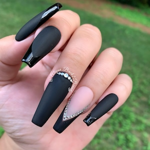 Black on black matte and glossy nails with bling accents/ Reusable press on nails/ Handcrafted press on nails