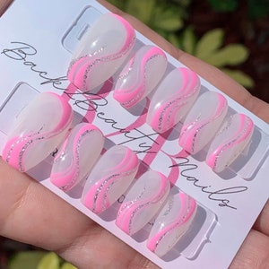 Pink and Silver Swirls Press on Nails/ Milky White Nails/ Handmade Summer Nails