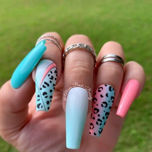 Textured Cheetah Nails/ Pink and Turquoise Summer Press on Nails/ Handcrafted Summer Nails