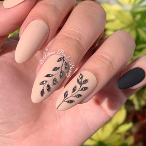 Black and Beige Press on Nails/Floral Rhinestones Press on Nails