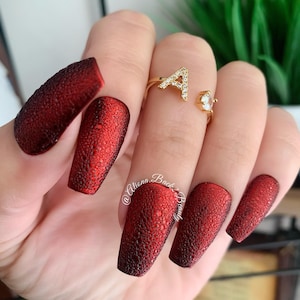 Red Textured Press on Nails/ Handmade Chrome Press on Nails