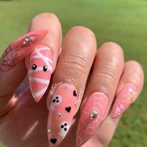 Sheer Pink Halloween Nails/ Handmade Cute and Spooky Nails/ Reusable Halloween Press on Nails