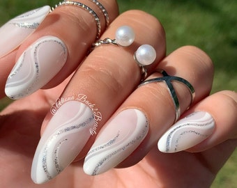 White and Silver Swirls Press on Nails/ Milky White Nails/ Summer Nails/ Wedding Nails