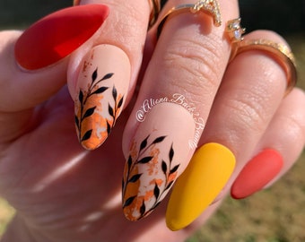 Orange and Yellow Fall Nails, Reusable Autumn  Press on Nails, Glue on Nails