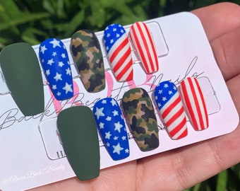 Flag and Camo Press on Nails/ Handpainted Patriotic Nails/ 4th of July Nails