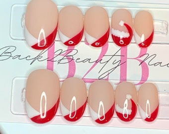 Christmas French Nails, Santa's Hat Frenchies, Minimalistic Christmas Press on Nails, Handmade Red and White French Nails, Glue on Nails