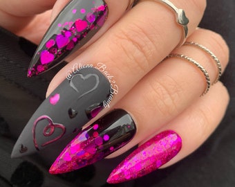 Pink/Purple and Black Valentine's Day Nails, Glitter Valentines Press on Nails, Handmade Valentines Press on Nails