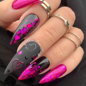 Pink/Purple and Black Valentine's Day Nails, Glitter Valentines Press on Nails, Valentines Press on Nails