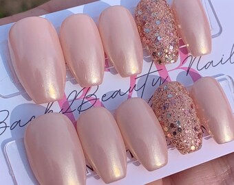 Soft Nude Champagne Press on Nails, Reusable Pearly Gold Winter Press on  Nails, Handmade Chrome and Glitter Christmas Nails, Glue on Nails - Etsy