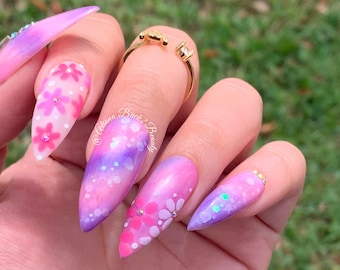 Floral Pink and Purple Spring Press on Nails/ Textured Nails/ Ombre Press on Nails/ Glitter Nails