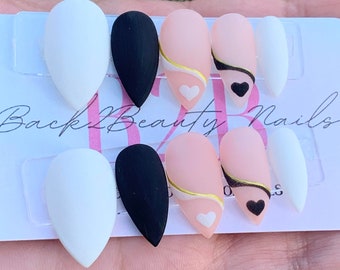 Abstract Black and White Valentine's Nails, Textured Valentines Day Nails, Nude Valentines Press on Nails, Hearts Press on Nails, Fake Nails