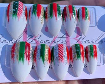 Abstract Christmas Press on Nails,  Christmas Patterns Nails, White Holiday Nails, Glue on Nails