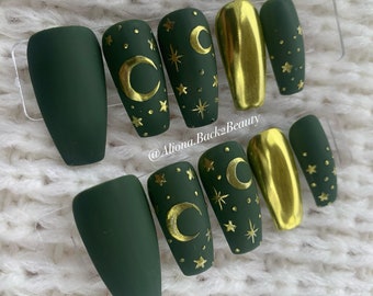 Uñas postizas celestiales verdes y doradas, uñas de luna y estrellas pintadas a mano, uñas postizas reutilizables