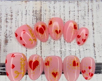 Uñas postizas Pink Be My Valentine/Uñas postizas artesanales en rosa, rojo y dorado para el día de San Valentín/Uñas adhesivas/Uñas postizas de lujo