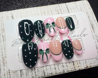 Evergreen Gift Press-On Nail Set | Deep Forest Green, Soft Pink & Nude | Polka Dots, Wrapped Bow Accent | | Handmade Luxury Reusable Nails