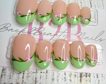 Blossom French Tip Press-On Nail Set | Nude & Green French | Hand-Painted Floral Vines | Gloss Finish | Handmade Luxury Reusable Nails