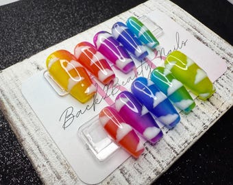 Rainbow Cloud Jelly Ombre Press-On Nail Set | Sheer Jelly Gradient | Hand-Painted Clouds | Gloss Finish | Handmade Luxury Reusable Nails