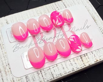 Electric Bloom Press-On Nail Set | Neon Pink French Tips | Hand-Painted Floral Accent Nails | Gold Stud Details | Handmade Luxury Reusable