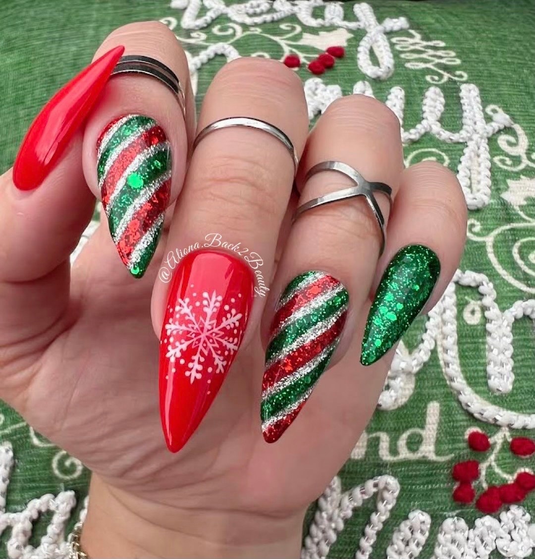 Handcrafted Red and Green Christmas Nails, Sparkling Winter Press on