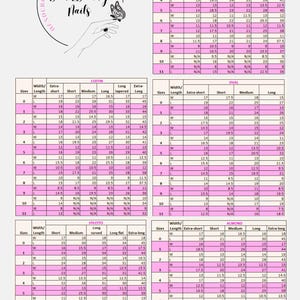 Puede incluir: Un gr&aacute;fico con medidas para diferentes formas de u&ntilde;as, incluyendo ata&uacute;d, ovalado, stiletto y almendra. El gr&aacute;fico muestra las medidas de ancho y largo para cada forma en cent&iacute;metros.
