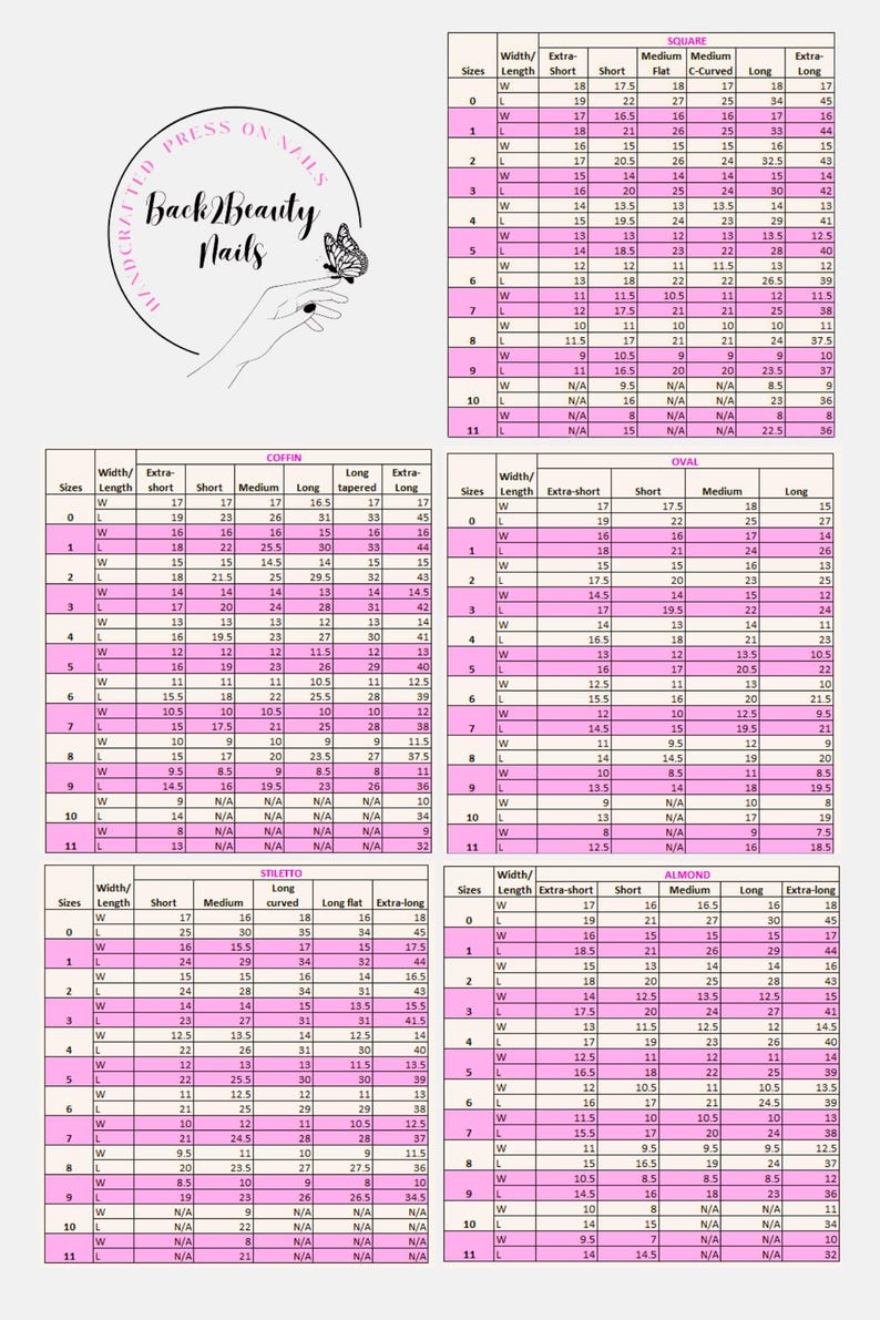 Puede incluir: Un gr&aacute;fico con medidas para diferentes formas de u&ntilde;as, incluyendo ata&uacute;d, ovalado, stiletto y almendra. El gr&aacute;fico muestra las medidas de ancho y largo para cada forma en cent&iacute;metros.