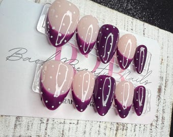 Berry Frost Press-On Nail Set | Deep Plum French Tip | Sheer Nude Base | White Dot Accent | Gloss Finish | Handmade Luxury Reusable Nails