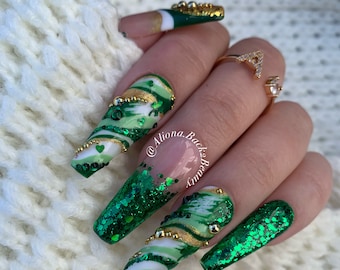 Abstract St. Patrick's Day Press on Nails, Glitter and Rhinestones St. Patty’s Day Nails