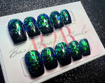 Midnight Galaxy Press-On Nails | Black & Blue/Green Holographic Glitter Nails | Handmade Nail Set