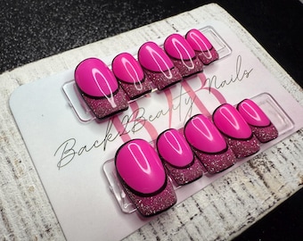 Pop Princess – Pink Glitter French Tips; Reflective Pink Press on Nails; Handmade Nail Set; Pop Art Nails; Hot Pink Nails; Trendy Glam Nails