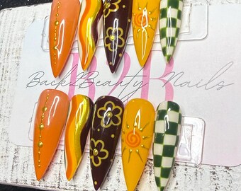 Autumn Groove Press-On Nail Set | Retro Boho Fall Nails | Orange, Mustard, Chocolate & Olive | Groovy Florals and Checkerboard