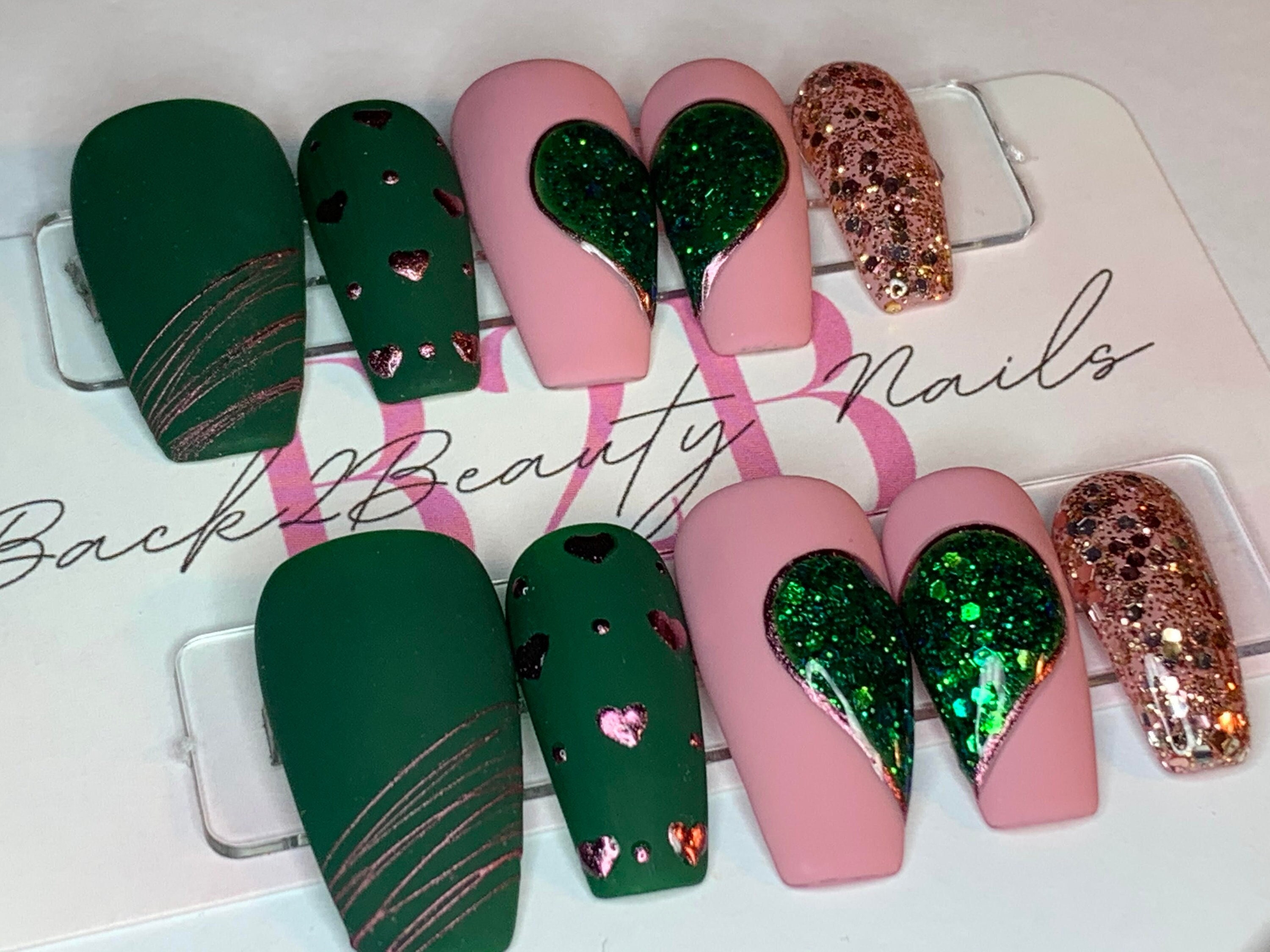 Press on Nails Pink and Green Nails Romantic Nail Design Sweetheart Nails  Loved Themed Nail Art Pastel Heart Nails Heart Tip Acrylic Nails 