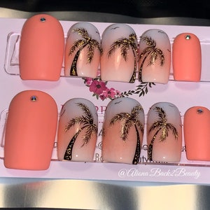 Palm Trees Press On Nails/ Coral Summer Nails/ Coral Dream Press on Nails/ Reusable Press on Nails/ Glue on Nails/ Fake Nails Short square