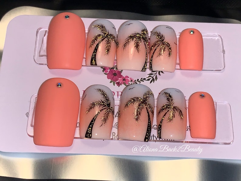 Palm Trees Press On Nails/ Coral Summer Nails/ Coral Dream Press on Nails/ Reusable Press on Nails/ Glue on Nails/ Fake Nails Short square