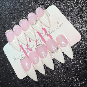 Luxury Pink and White French with Bling Accents, Minimalistic Valentines Press on Nails, Elegant Press on Nails, Luxury Press On Nails