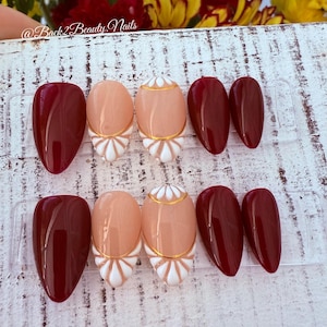 Textured Floral  Nails, Burgundy Nails, Reusable Spring Press on Nails, Handmade Press Ons, Wine Red Nails, Hand Painted Elegant Nails