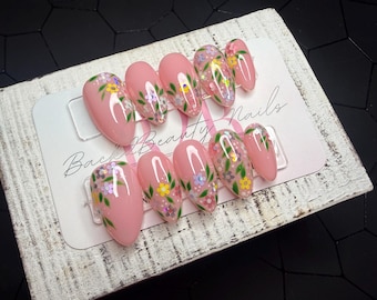 Blush Garden Press-On Nail Set |Soft Pink | Glitter Floral Sequin Design | Glossy Finish | Handmade Luxury Reusable Nails